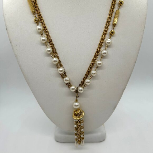 Vintage Faux Pearl Necklace Triple Strand Gold-Tone Chain Tassel Pendant 1970s - Picture 2 of 13